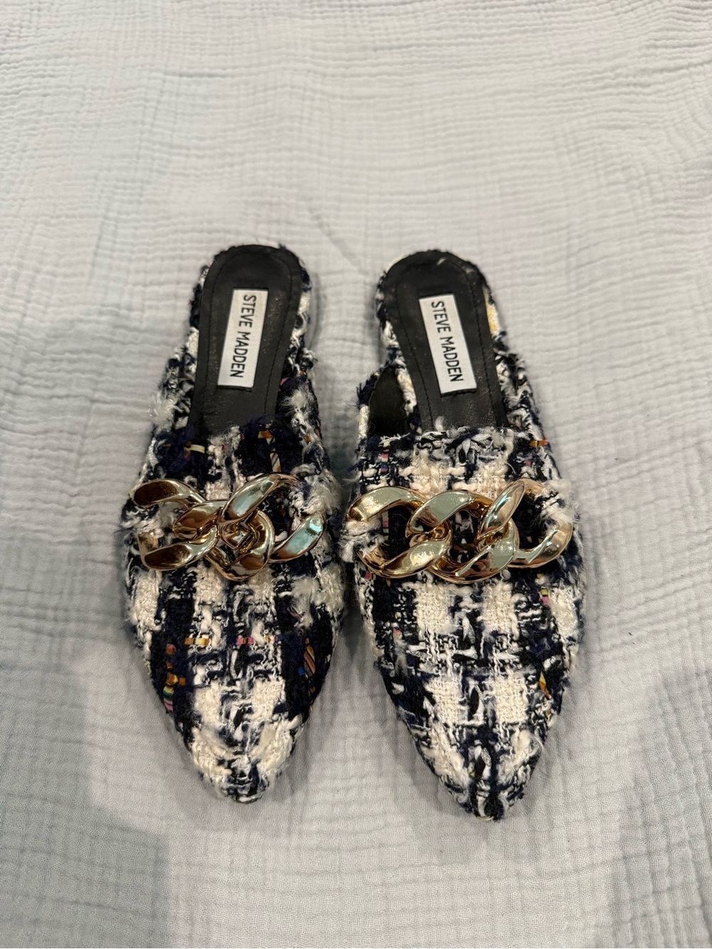 Steve Madden Black & White Tweed Pointed Mules with Gold Chain